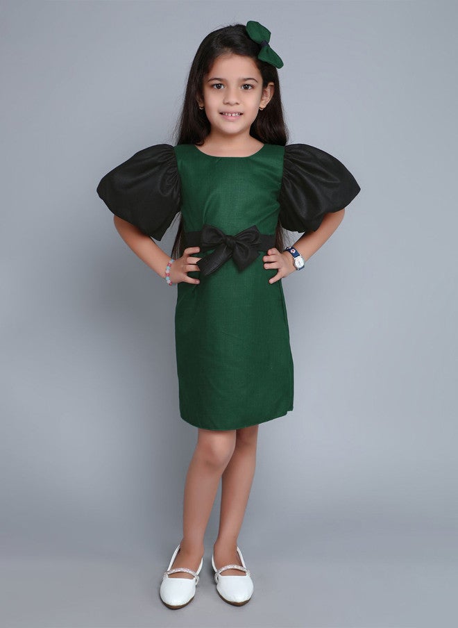 PinkChick Green Colourblocked Puff Sleeve Dress For Girls - Image 1