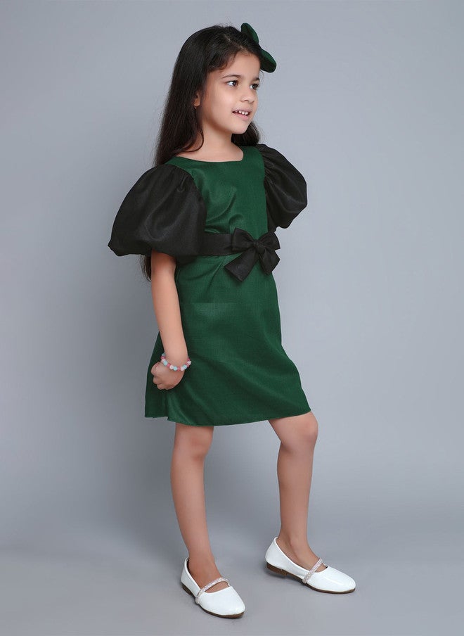 PinkChick Green Colourblocked Puff Sleeve Dress For Girls - Image 3
