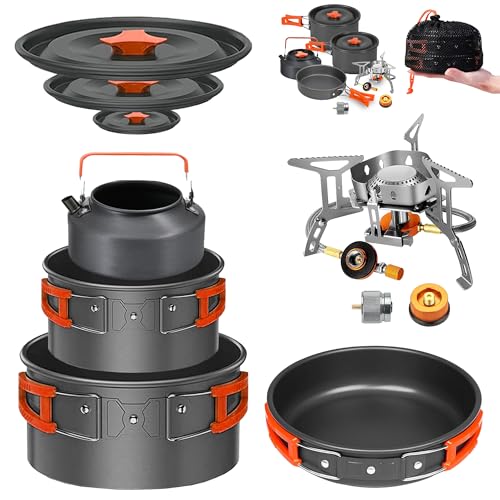 Smokey Camp 10 Pcs Smokey Camp Backpacking Cooking Set with Stove & Adapter - 2 Pots Large Medium 1 Kettle 1 Large Pan 1 Stove 2 Adpater, Compact Non-Stick Camping Cookware Mess Kit, All in One (with Kettle) - Image 1
