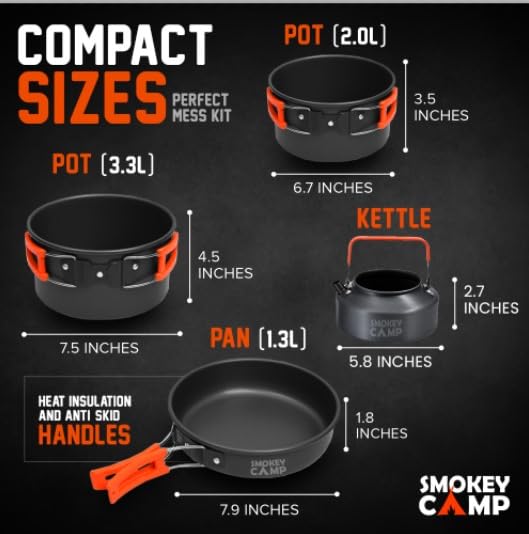 Smokey Camp 10 Pcs Smokey Camp Backpacking Cooking Set with Stove & Adapter - 2 Pots Large Medium 1 Kettle 1 Large Pan 1 Stove 2 Adpater, Compact Non-Stick Camping Cookware Mess Kit, All in One (with Kettle) - Image 3