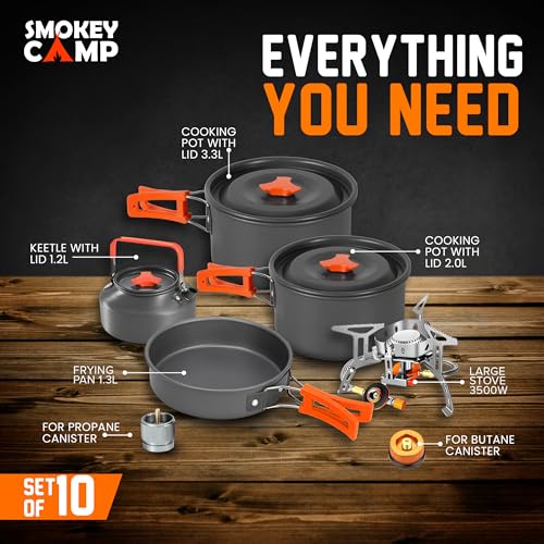 Smokey Camp 10 Pcs Smokey Camp Backpacking Cooking Set with Stove & Adapter - 2 Pots Large Medium 1 Kettle 1 Large Pan 1 Stove 2 Adpater, Compact Non-Stick Camping Cookware Mess Kit, All in One (with Kettle) - Image 5