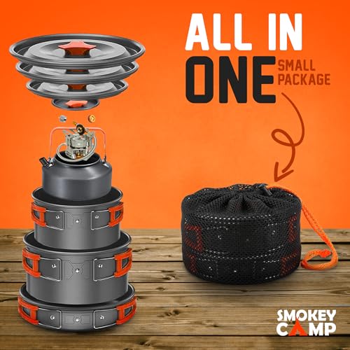 Smokey Camp 10 Pcs Smokey Camp Backpacking Cooking Set with Stove & Adapter - 2 Pots Large Medium 1 Kettle 1 Large Pan 1 Stove 2 Adpater, Compact Non-Stick Camping Cookware Mess Kit, All in One (with Kettle) - Image 2