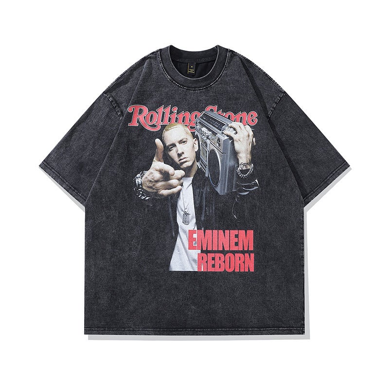 Tkpa American-Style Hiphop Retro Fashion Brand Eminem Printed High Street Washed Old Cotton Heavy Short-Sleeved T-Shirt For Men - Image 1