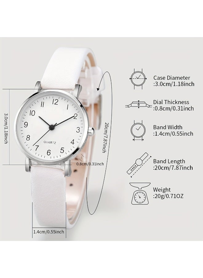 QUARTZ Ladies Minimalist Round Dial White PU Strap Watch Set with Matching Silver Necklace & Bracelet - Sleek Design - Image 5