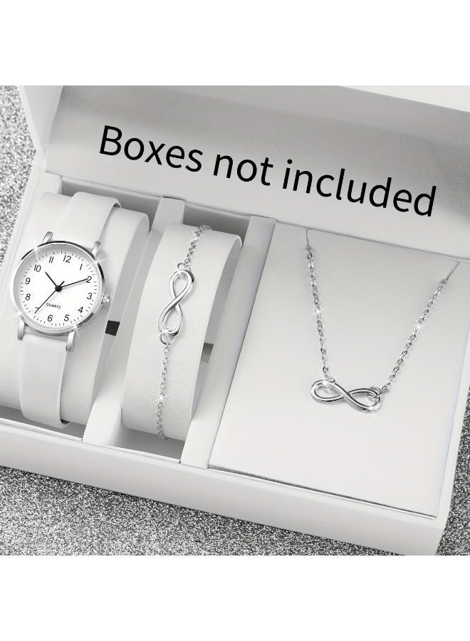 QUARTZ Ladies Minimalist Round Dial White PU Strap Watch Set with Matching Silver Necklace & Bracelet - Sleek Design - Image 1