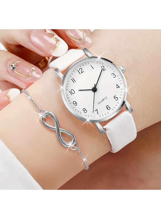 QUARTZ Ladies Minimalist Round Dial White PU Strap Watch Set with Matching Silver Necklace & Bracelet - Sleek Design - Image 2