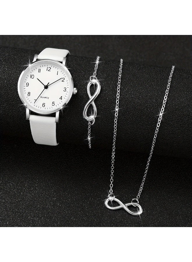 QUARTZ Ladies Minimalist Round Dial White PU Strap Watch Set with Matching Silver Necklace & Bracelet - Sleek Design - Image 4