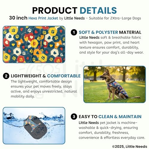 Little Needs Dog Winter Jacket - (Hexa Print, 30 Inch) for Xtra Large Size Dogs | Ultra Warm Waterproof & Windproof Coat | Adjustable Velcro Closure, Washable Vest for Cold Weather | Indoor & Outdoor - Image 3