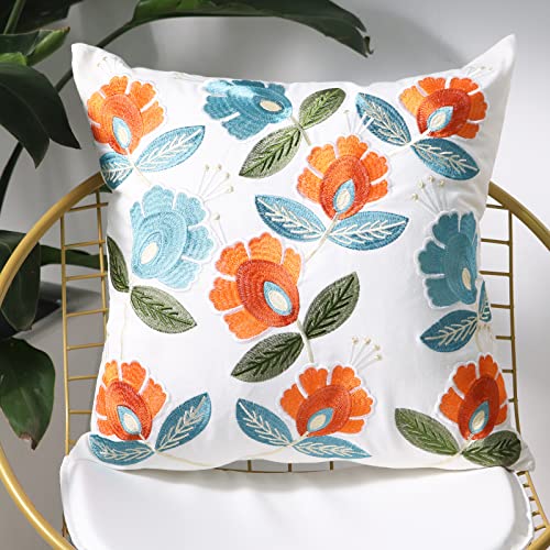 Pilmandu Set of 2 Embroidered Decorative Throw Pillow Covers Couch Square Pillowcases Cushion for Bedroom Sofa Farmhouse Decor 18x18 Inch (Flower) - Image 2