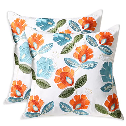 Pilmandu Set of 2 Embroidered Decorative Throw Pillow Covers Couch Square Pillowcases Cushion for Bedroom Sofa Farmhouse Decor 18x18 Inch (Flower) - Image 1