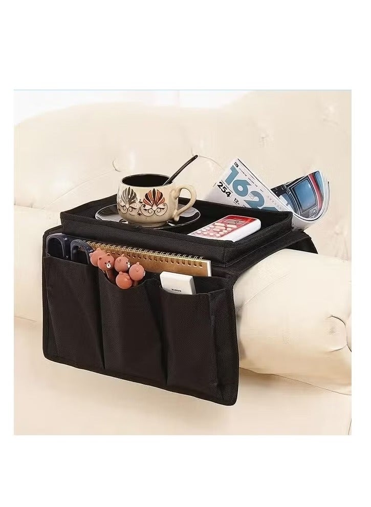 Black Sofa Armrest Organizer with Cup Holder Tray Chair Arm TV Remote Holder for Recliner Couch Armchair Caddy Bedside Storage Pockets Bag for Cellphone Tablet Book Magazines Drinks Holder Pouch - Image 1
