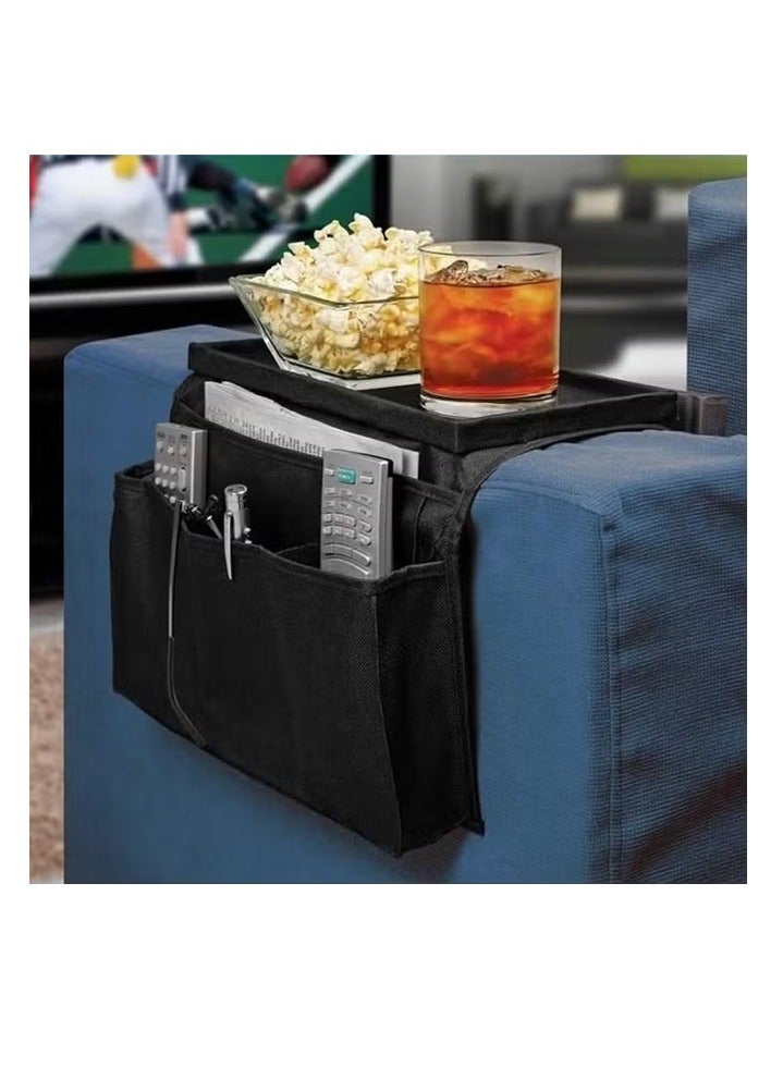 Black Sofa Armrest Organizer with Cup Holder Tray Chair Arm TV Remote Holder for Recliner Couch Armchair Caddy Bedside Storage Pockets Bag for Cellphone Tablet Book Magazines Drinks Holder Pouch - Image 2