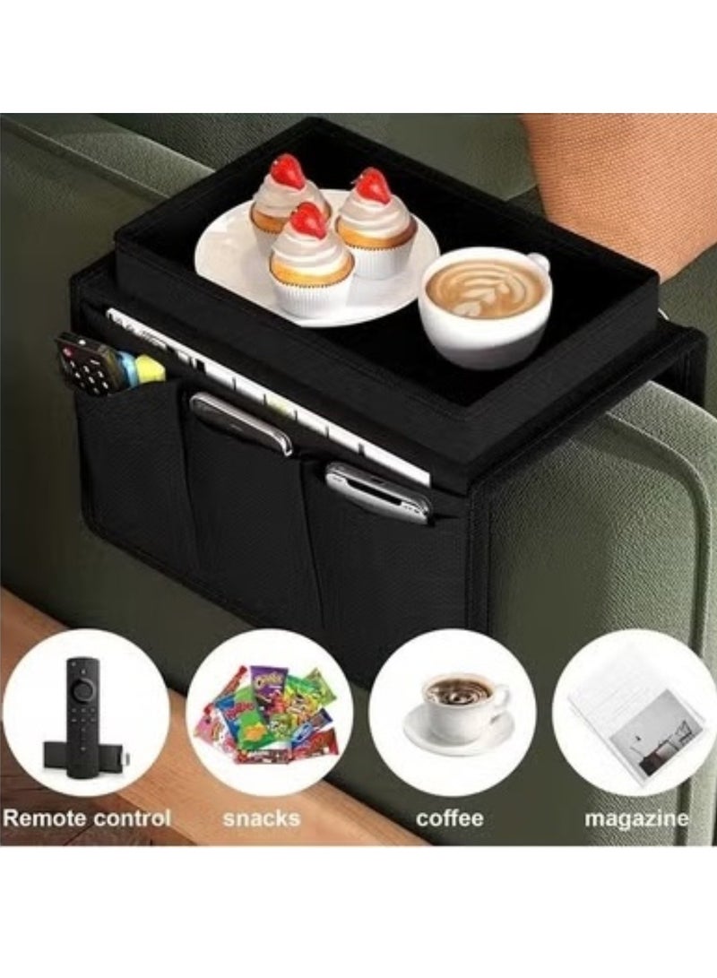 Black Sofa Armrest Organizer with Cup Holder Tray Chair Arm TV Remote Holder for Recliner Couch Armchair Caddy Bedside Storage Pockets Bag for Cellphone Tablet Book Magazines Drinks Holder Pouch - Image 5