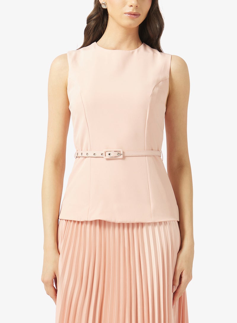 Style Cheat Crew Neck Belted Pleat Dress - Image 3