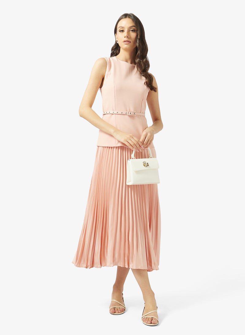 Style Cheat Crew Neck Belted Pleat Dress - Image 4