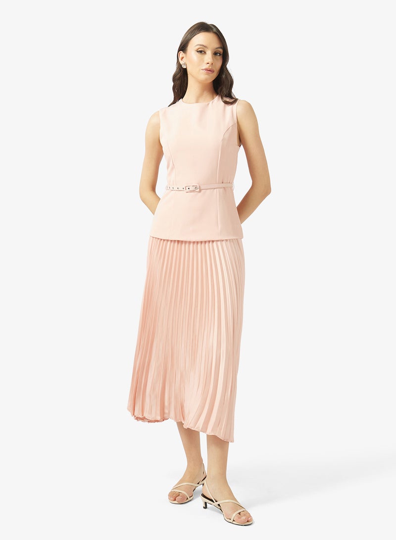 Style Cheat Crew Neck Belted Pleat Dress - Image 1
