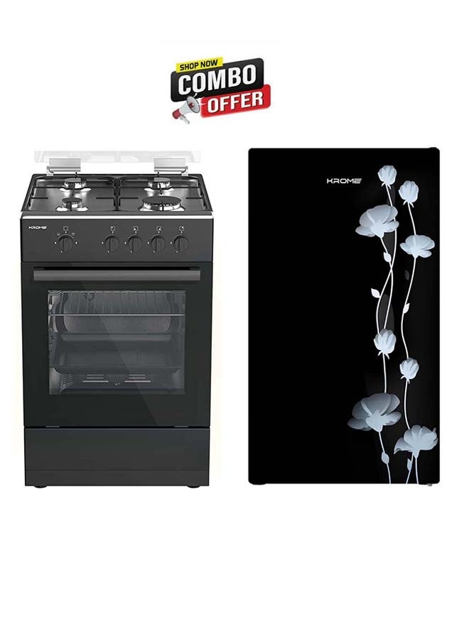 Krome حزمة كروما - موقد غاز 50x50، أمان كامل مع 4 شعلات وفرن غاز KR-CR5050FS أسود + ثلاجة باب زجاجي، سعة إجمالية 141 لتر / سعة صافية 90 لتر KR-RF141GG أسود - Image 1