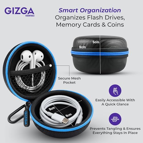 GIZGA Earphone Carrying Case, Multi-Purpose Pocket Storage Travel Organizer for Earphones, Headset, Pen Drives, SD Cards, Shock-Proof Carbon Fibre, Soft Fabric, Mesh Pocket, Blue - Image 4