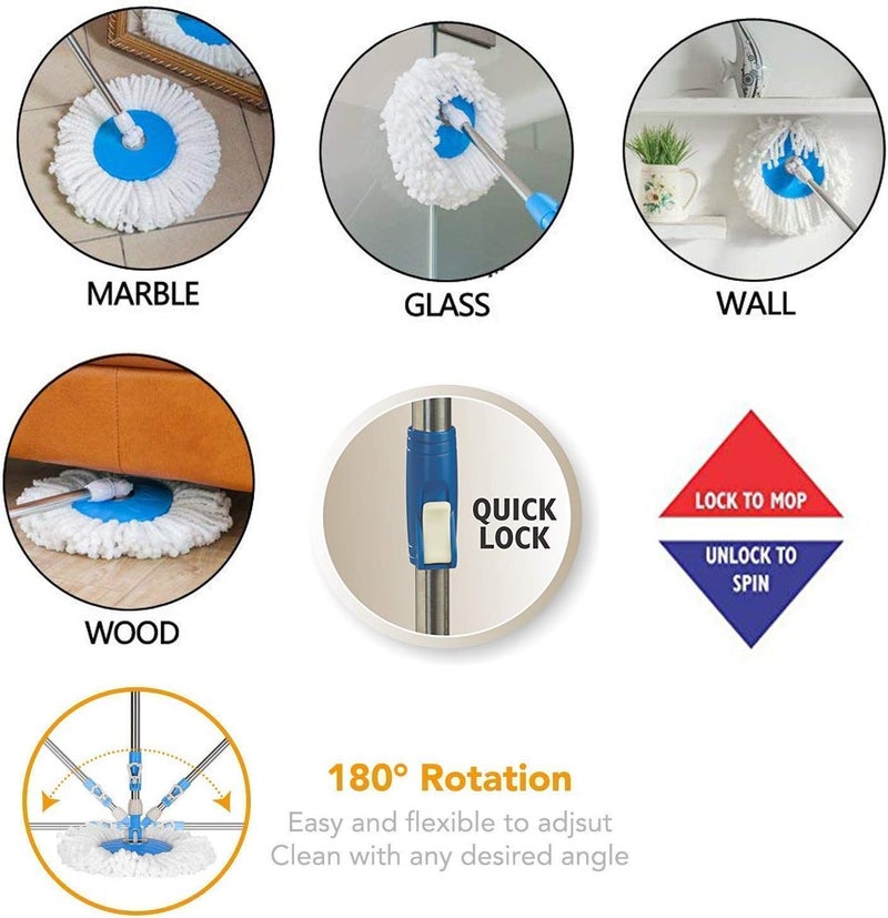 Mantavya Mop 360° Spin Cleaning Mop Stainless Steel Rod Handle Stick Set with Mop 1 Refill for Home and Bathroom Floor Tiles Usable Things (Multi Colour) - Image 3