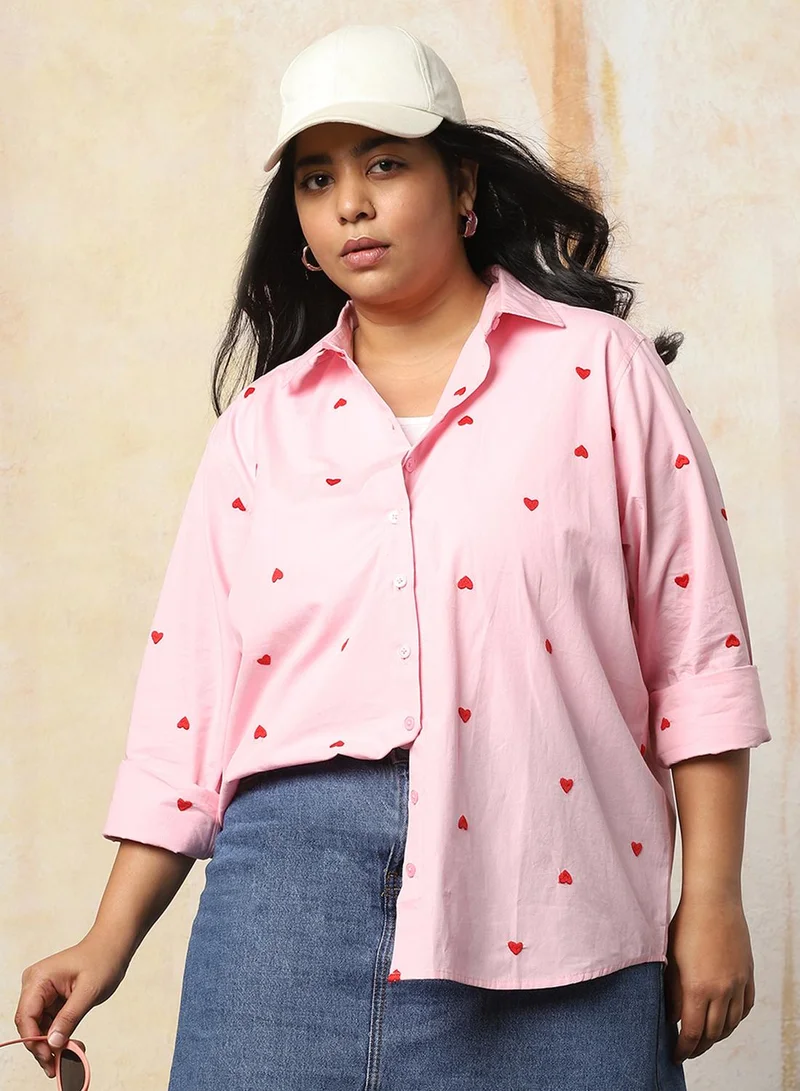 HIGH STAR Women Plus Size Oversized Fit Heart Embroidered Cotton Casual Shirt