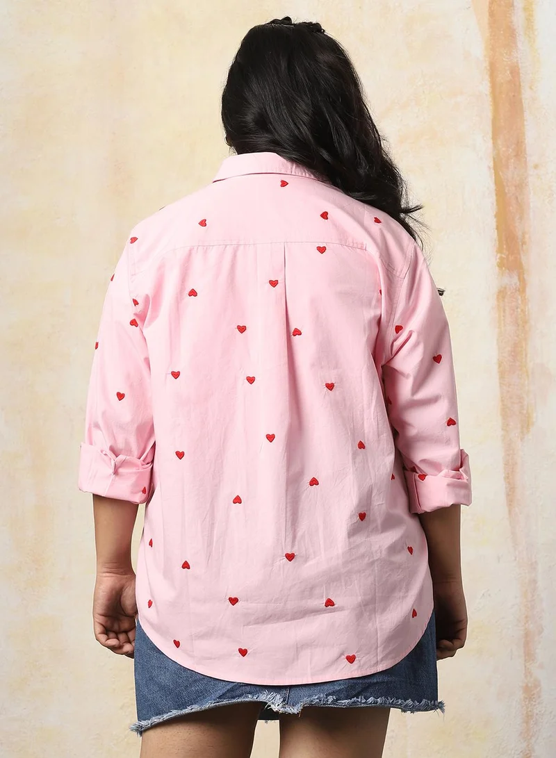 HIGH STAR Women Plus Size Oversized Fit Heart Embroidered Cotton Casual Shirt