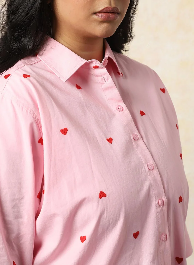 HIGH STAR Women Plus Size Oversized Fit Heart Embroidered Cotton Casual Shirt