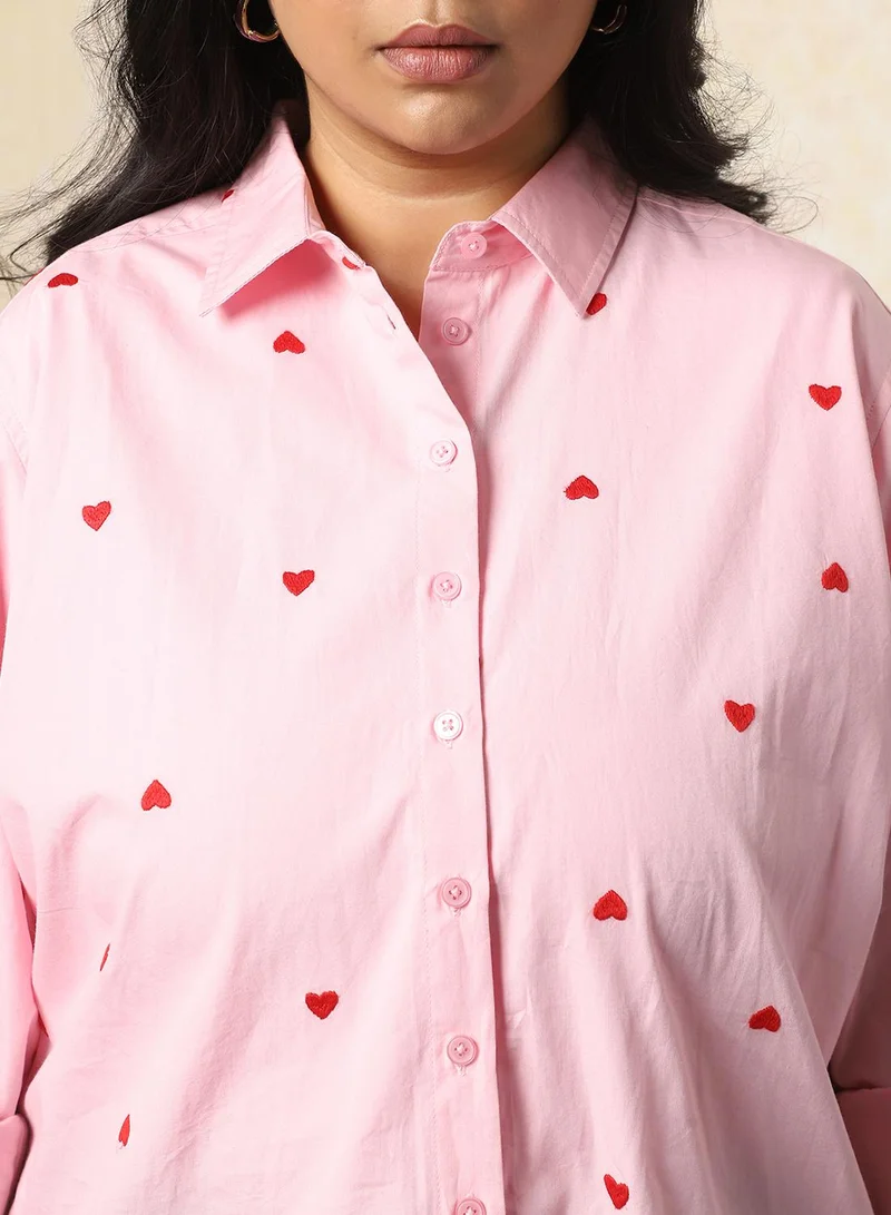 HIGH STAR Women Plus Size Oversized Fit Heart Embroidered Cotton Casual Shirt