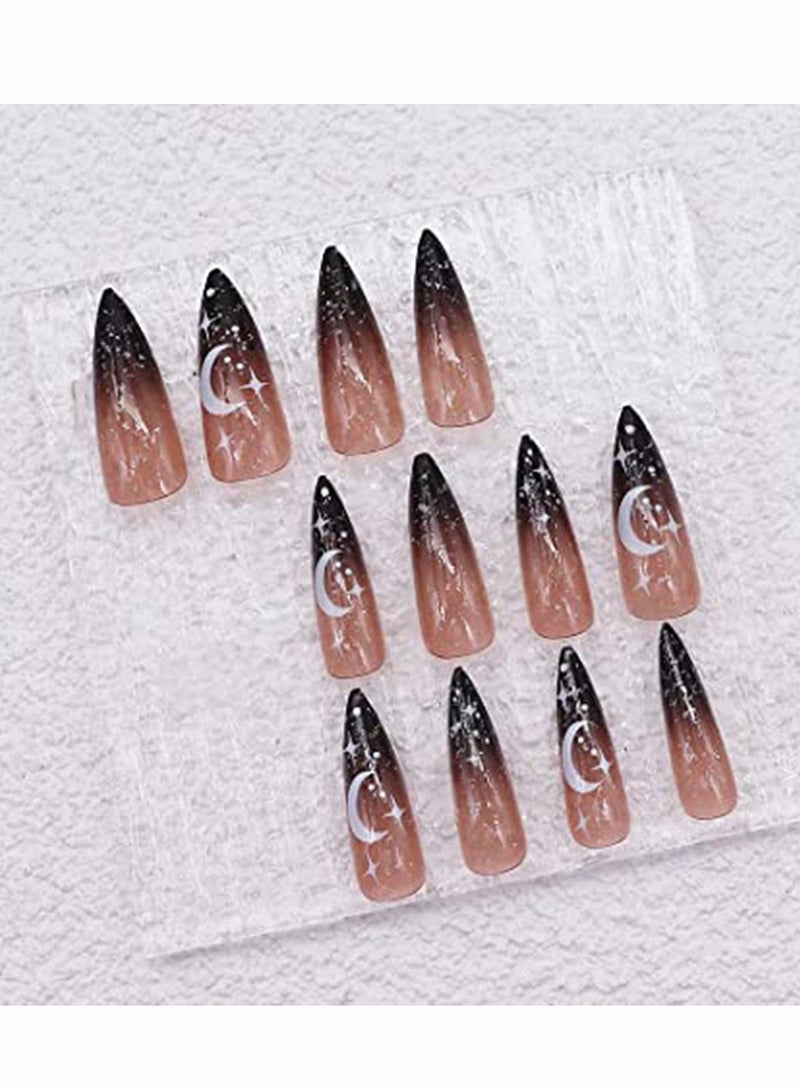 KASTWAVE Fake Nails, 24pcs Stiletto Press on Nail Gradient Black Fake  Shiny Full Cover Artificial    False for Women and Girls - Image 3