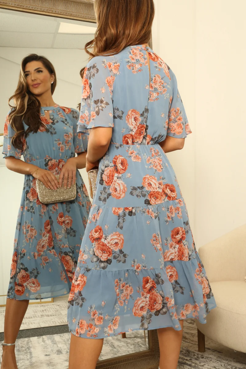 Double Second blue floral Floral Floaty Raglan Sleeve Tiered Dress for Women | Best Price UAE