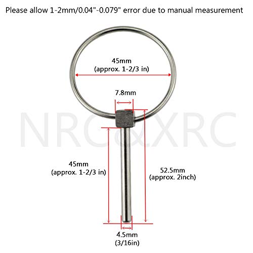 NRC&XRC Stainless Steel 316 Lynch pins Linch Pin Dia 4.3mm(3/16in) x L 43mm(1-2/3in) with Ring 6pcs - Image 2