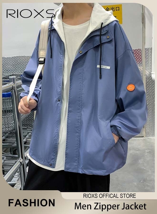 ريوكس سترة رجالية بغطاء رأس وسحاب، سترة خريفية دافئة بغطاء رأس وسحاب كامل، قميص خفيف الوزن مقاوم للماء بغطاء رأس، معطف شتوي دافئ كبير الحجم مقاوم للرياح بغطاء رأس، سترة خارجية للمشي لمسافات طويلة والركض والصيد والتخييم والارتداء اليومي، أزرق - Image 1