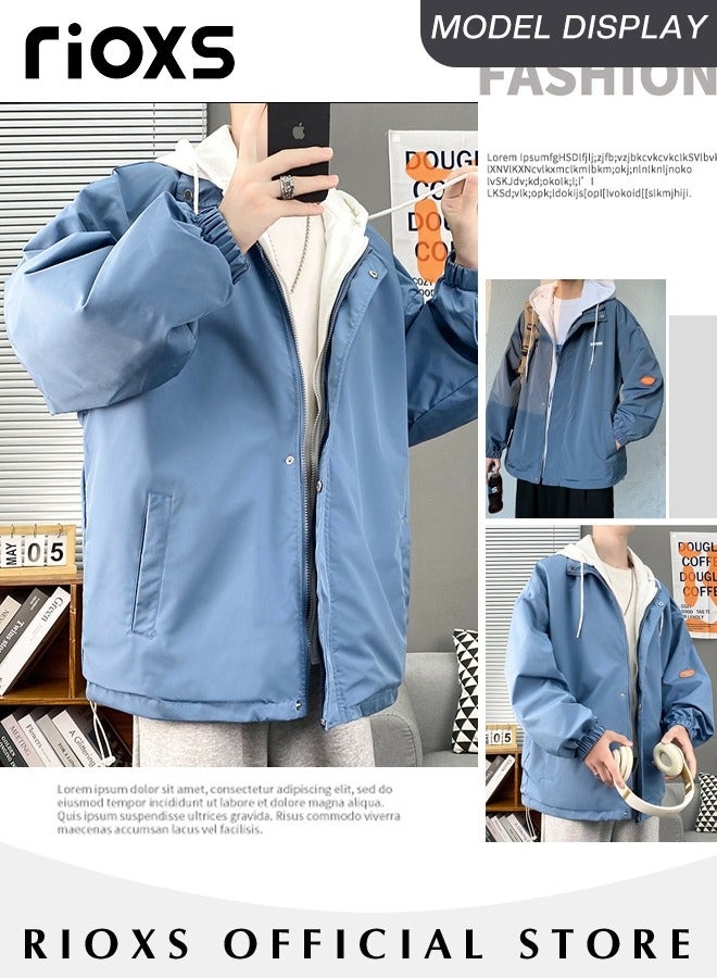 ريوكس سترة رجالية بغطاء رأس وسحاب، سترة خريفية دافئة بغطاء رأس وسحاب كامل، قميص خفيف الوزن مقاوم للماء بغطاء رأس، معطف شتوي دافئ كبير الحجم مقاوم للرياح بغطاء رأس، سترة خارجية للمشي لمسافات طويلة والركض والصيد والتخييم والارتداء اليومي، أزرق - Image 3