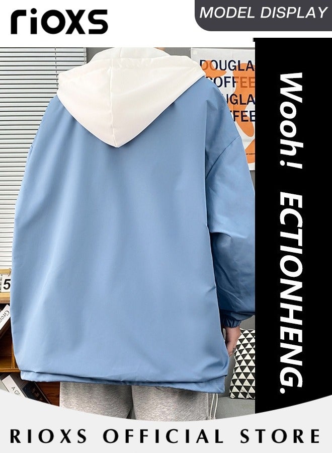 ريوكس سترة رجالية بغطاء رأس وسحاب، سترة خريفية دافئة بغطاء رأس وسحاب كامل، قميص خفيف الوزن مقاوم للماء بغطاء رأس، معطف شتوي دافئ كبير الحجم مقاوم للرياح بغطاء رأس، سترة خارجية للمشي لمسافات طويلة والركض والصيد والتخييم والارتداء اليومي، أزرق - Image 2