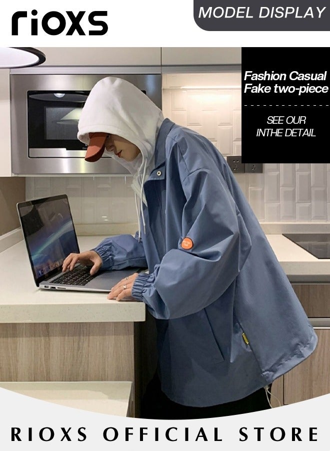 ريوكس سترة رجالية بغطاء رأس وسحاب، سترة خريفية دافئة بغطاء رأس وسحاب كامل، قميص خفيف الوزن مقاوم للماء بغطاء رأس، معطف شتوي دافئ كبير الحجم مقاوم للرياح بغطاء رأس، سترة خارجية للمشي لمسافات طويلة والركض والصيد والتخييم والارتداء اليومي، أزرق - Image 5