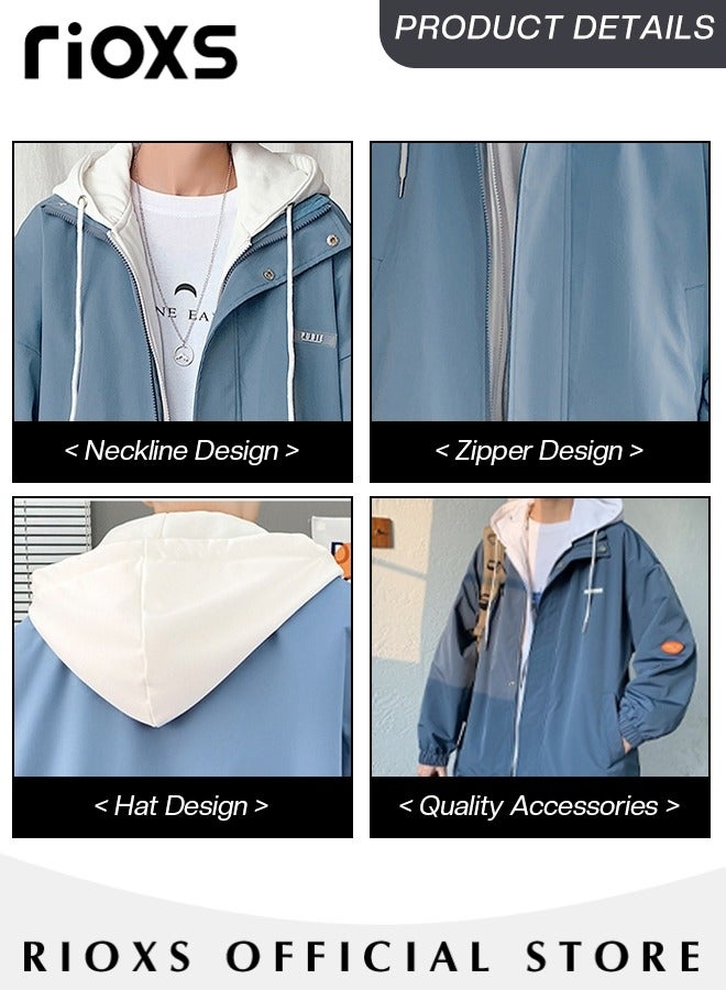 ريوكس سترة رجالية بغطاء رأس وسحاب، سترة خريفية دافئة بغطاء رأس وسحاب كامل، قميص خفيف الوزن مقاوم للماء بغطاء رأس، معطف شتوي دافئ كبير الحجم مقاوم للرياح بغطاء رأس، سترة خارجية للمشي لمسافات طويلة والركض والصيد والتخييم والارتداء اليومي، أزرق - Image 4