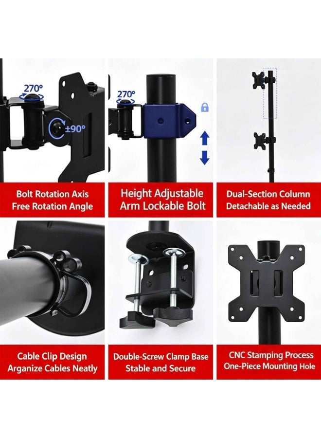 Dual Monitor Desk Mount,for Two Screens up to 32 inch Extra,With Swivel,Tilt,Height Adjustable,Heavy Duty Fully Adjustable Stand Vertical Array,Black,Holds Up to 22 lbs,VESA 75x75/100x100mm - Image 2