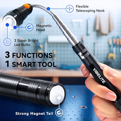 VIBELITE Extendable Magnetic Flashlight with Telescoping Magnet Pickup Tool-Cool Gadget Christmas Gifts Stocking Stuffers for Men, Husband, Dad, Father, Mechanic, Tech, Handyman, Him, Women, Black - Image 4