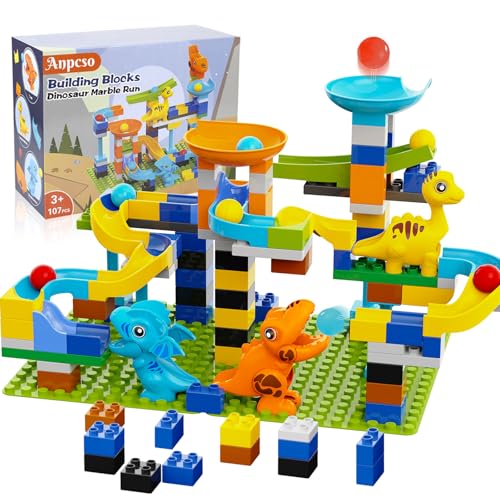 Anpcso Marble Run Building Blocks Dinosaurs Marble Track Toy Classic Large Bricks for 3 4 5 6 7 Year Old Boys Girls Kids Bricks Compatible with All Major Brands - Image 1