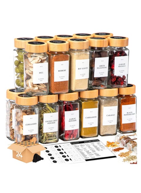 Spice Jars, Seasoning Organizer with Label and Shaker Lid, 24 pcs Empty Glass Spice Container Set