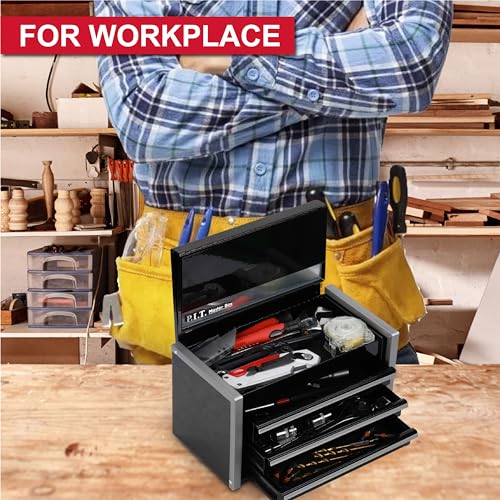PIT P.I.T. Mini Black Tool Box, Portable 3 Drawer Steel Stackable Tool Box with Magnetic Tab Locking, Black Micro Top Chest with Liner for Tools Storage and Organizers, Home DIY - Image 5