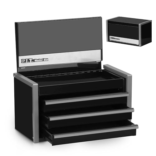 PIT P.I.T. Mini Black Tool Box, Portable 3 Drawer Steel Stackable Tool Box with Magnetic Tab Locking, Black Micro Top Chest with Liner for Tools Storage and Organizers, Home DIY - Image 1