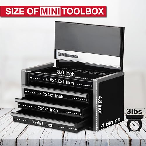 PIT P.I.T. Mini Black Tool Box, Portable 3 Drawer Steel Stackable Tool Box with Magnetic Tab Locking, Black Micro Top Chest with Liner for Tools Storage and Organizers, Home DIY - Image 2