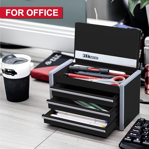 PIT P.I.T. Mini Black Tool Box, Portable 3 Drawer Steel Stackable Tool Box with Magnetic Tab Locking, Black Micro Top Chest with Liner for Tools Storage and Organizers, Home DIY - Image 3