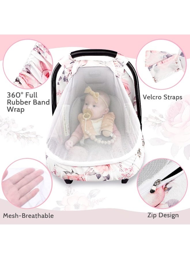 SWESEN Carseat Cover Girls, Floral Baby Carseat Canopy with Zipper Mesh, Infant Stroller Cover, Watercolor Pink Flower - Image 3