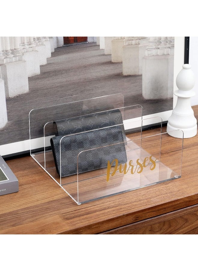 TPGP Clear Premium Acrylic 3 Slot Wallet Organizer Divided Tray for Purses, Clutch, Sunglasses and Accessories with Brass Purses Cursive Lettering Design  - Image 2