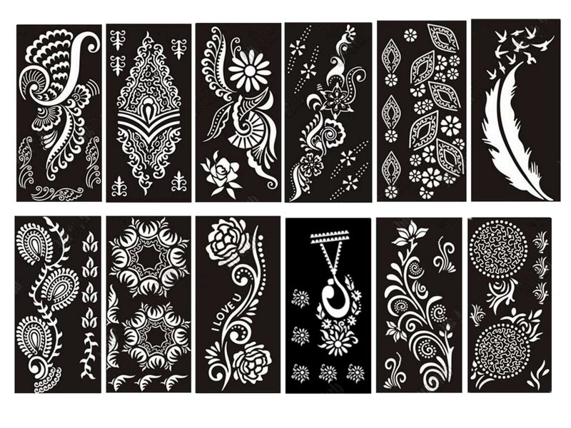 Outman Adhesive Stencils Template For Henna Tattoo, Body Art Painting Glitter, Airbrush Tattoo (PACk Of 12 Sheets) - Image 1
