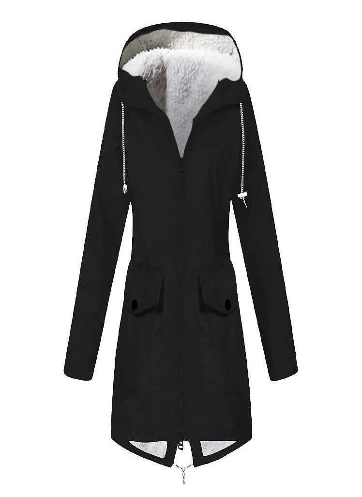 Eckek - Women Plush Solid Stripe Rain Jacket Outdoor Plus Waterproof Hooded Raincoat Windproof - Image 1