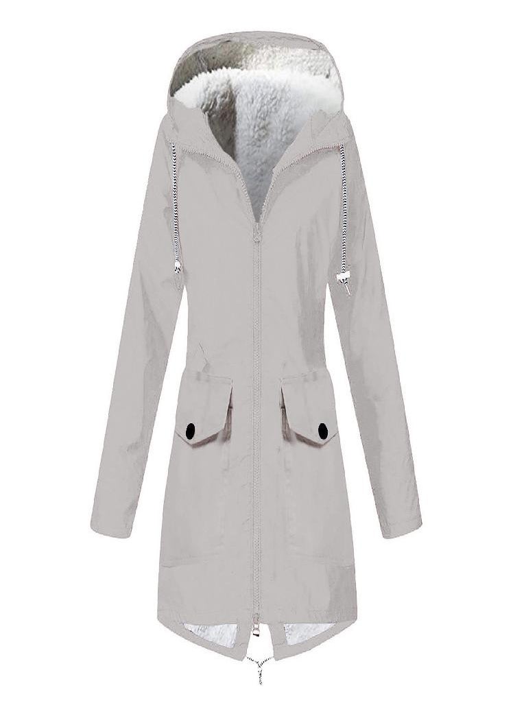 Eckek - Women Plush Solid Stripe Rain Jacket Outdoor Plus Waterproof Hooded Raincoat Windproof - Image 1