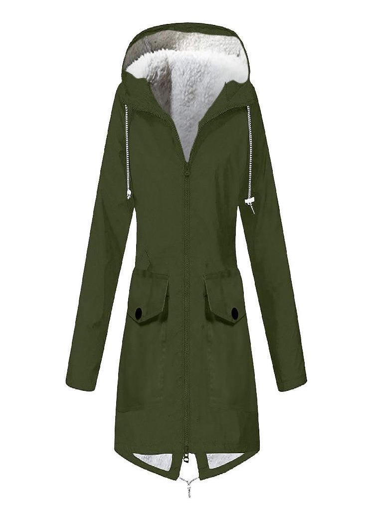 Eckek - Women Plush Solid Stripe Rain Jacket Outdoor Plus Waterproof Hooded Raincoat Windproof - Image 1
