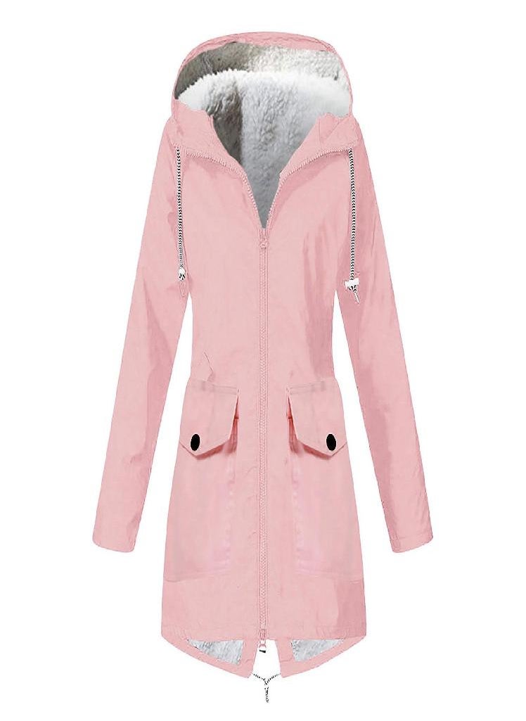 Eckek - Women Plush Solid Stripe Rain Jacket Outdoor Plus Waterproof Hooded Raincoat Windproof - Image 1
